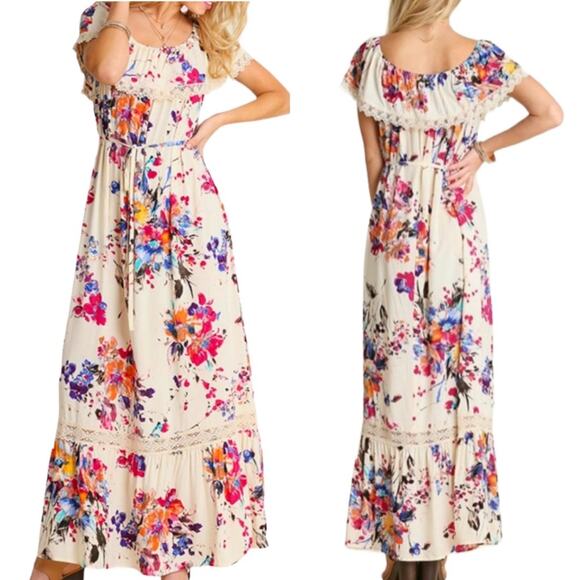 Umgee Maxi Dress Off Shoulder Boho Lace Trim Floral NEW Women’s Size Large - Picture 1 of 16
